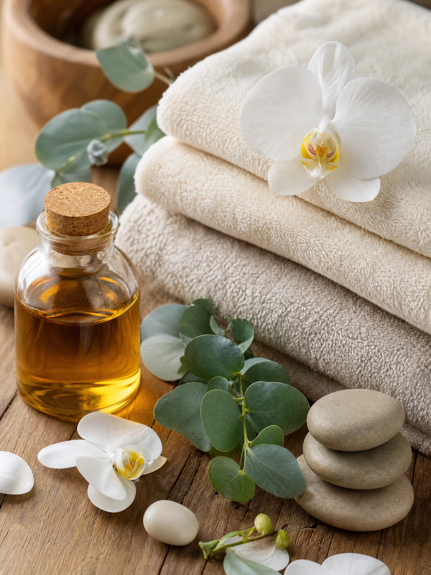 Ivory towels, orchid petals and massage oils at Season Studio Spa Gulshan